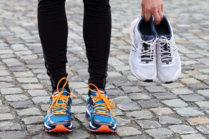 Person wearing old running shoes and holding a pair of new running shoes