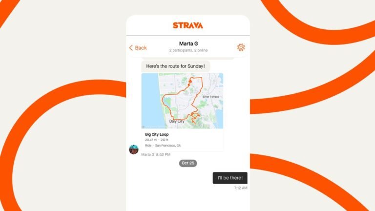 Screenshot of messaging in Strava app, including map with route overlaid in red. Along with assorted details, the messages read:"Here’s the route for Sunday!" and "I