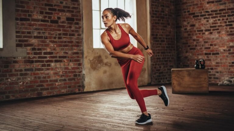 Woman performs skater jump